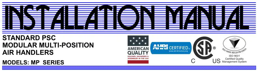 MP Series - Standard PSC Modular Multi-Position Air Handlers User Manual