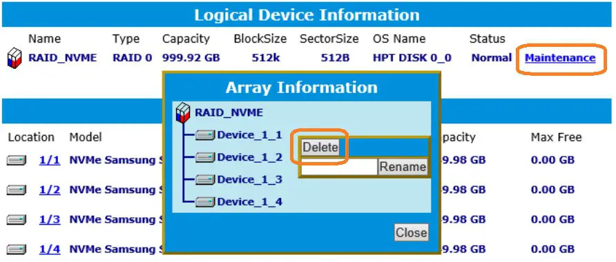To delete an existing RAID disk