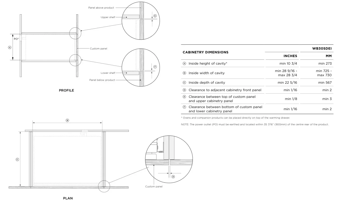 FISHER PAYKEL W30SDEI Warming Drawer - CABINETRY DIMENSIONS