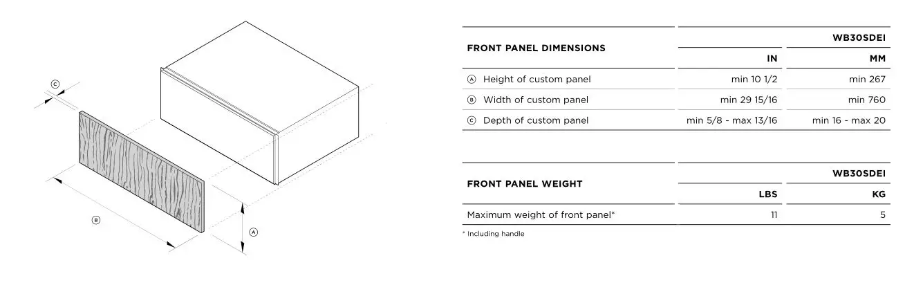 FISHER PAYKEL W30SDEI Warming Drawer - CUSTOM PANEL DIMENSIONS