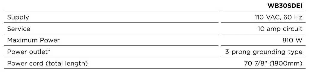 FISHER PAYKEL W30SDEI Warming Drawer - ELECTRICAL SPECIFICATIONS