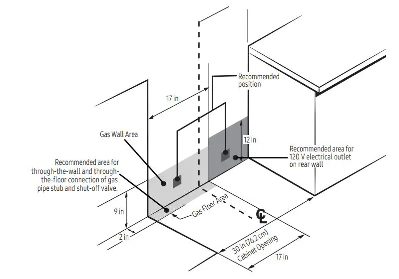 Samsung Front Control Slide-in Gas Range with Air Fry Instructions - Locations for Gas Piping