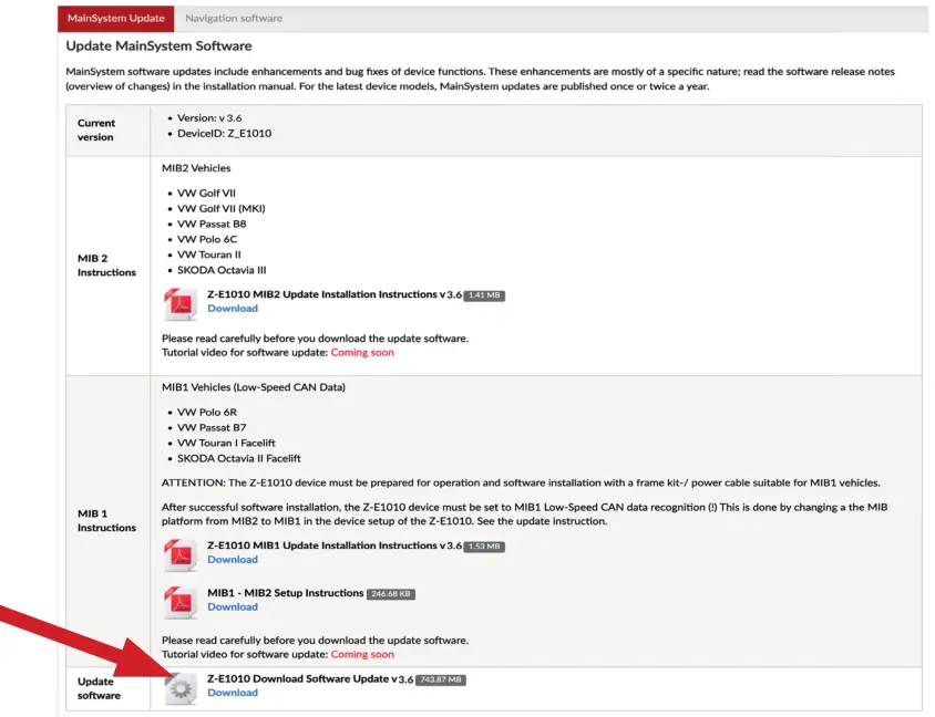 ZENEC Z-E1010 10.1 Inch Core MIB1 Radio Infotainer - Download the Software Update