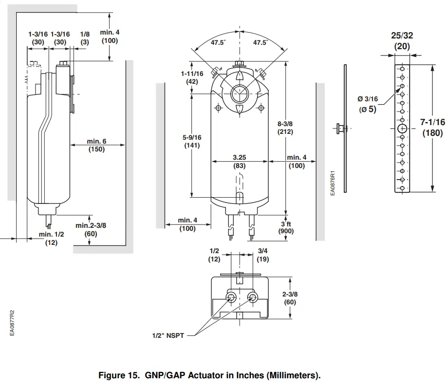 SIEMENS GNP191.1P Fast Acting Damper Actuator - Dimensions