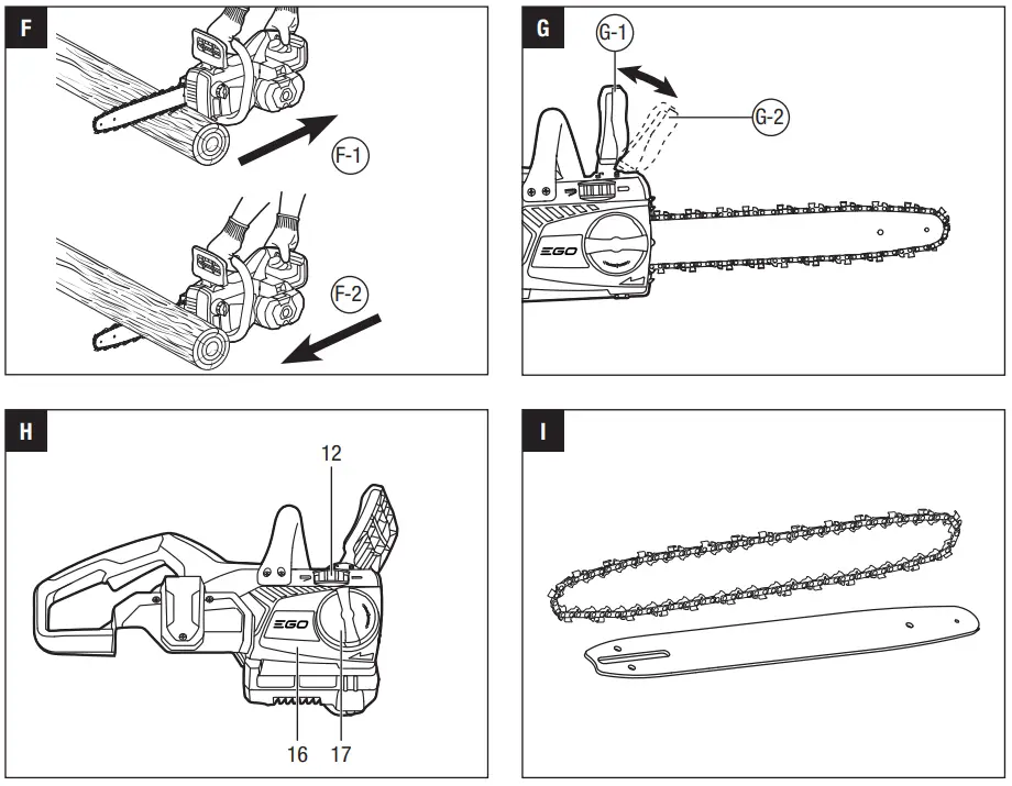EGO CS1400E 56 Volt Lithium-Ion Cordless Chain Saw User Manual - Fig. F,G,H,I