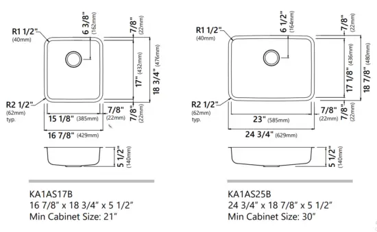 Kraus KA1AS17B Dex Stainless Steel Undermount Kitchen Sinks - Dimensions1