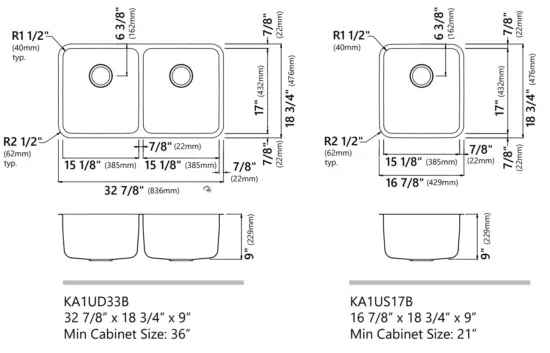 Kraus KA1AS17B Dex Stainless Steel Undermount Kitchen Sinks - Dimensions2