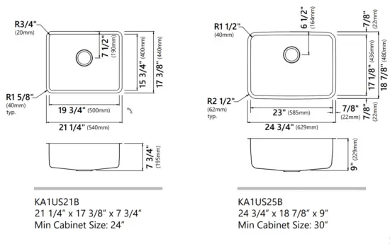 Kraus KA1AS17B Dex Stainless Steel Undermount Kitchen Sinks - Dimensions3