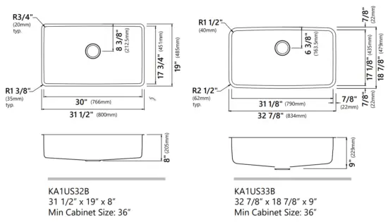 Kraus KA1AS17B Dex Stainless Steel Undermount Kitchen Sinks - Dimensions4