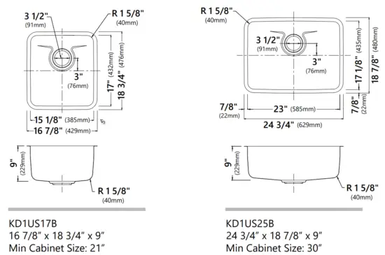 Kraus KA1AS17B Dex Stainless Steel Undermount Kitchen Sinks - Dimensions5
