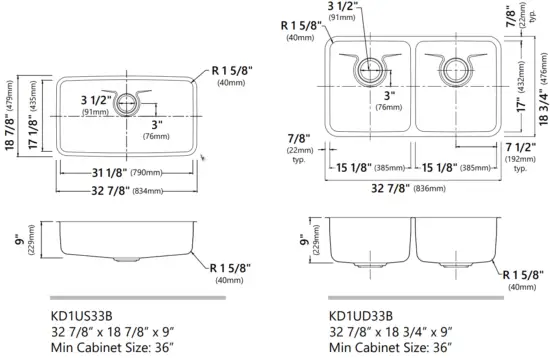 Kraus KA1AS17B Dex Stainless Steel Undermount Kitchen Sinks - Dimensions6