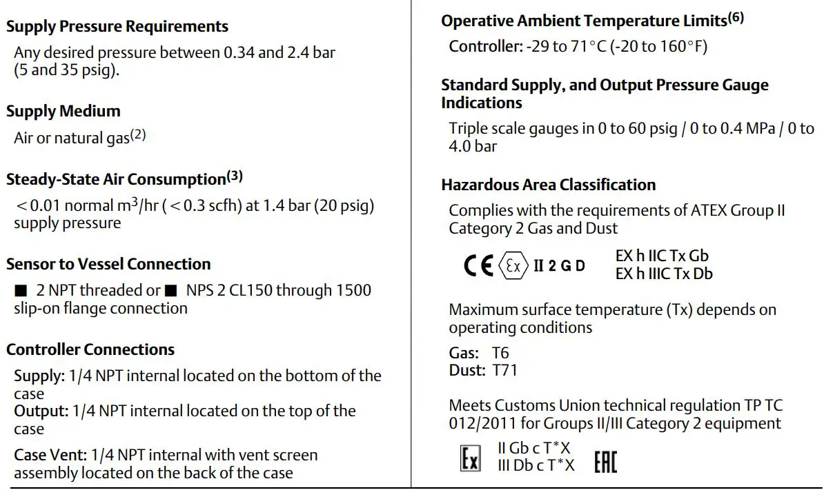EMERSON D103216X012 Fisher L2SJ Low Emission Liquid Level Controller Instruction Manual - Specifications