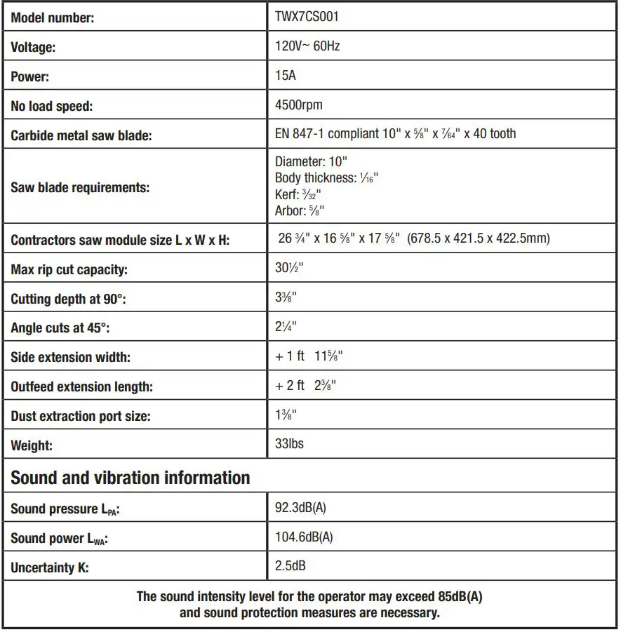 triton 15A Contractor Saw Module 10″ Instructions - Specification