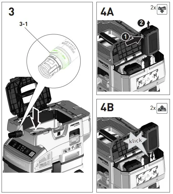 FESTOOL CTC MIDI I Cordless Mobile Dust extractor Instruction Manual - Fig 3,4