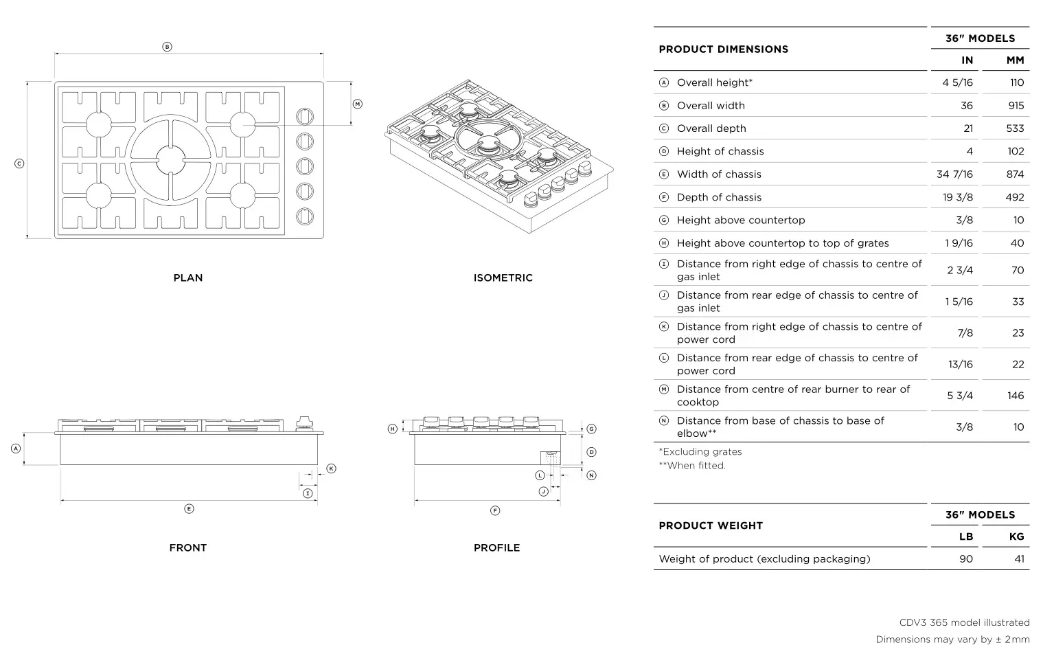 FISHER PAYKEL CDV3-365H Gas Cooktops - PRODUCT DIMENSIONS 30 MODELS 2