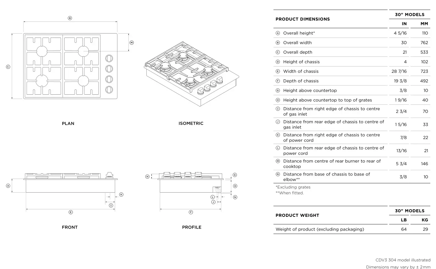 FISHER PAYKEL CDV3-365H Gas Cooktops - PRODUCT DIMENSIONS 30 MODELS