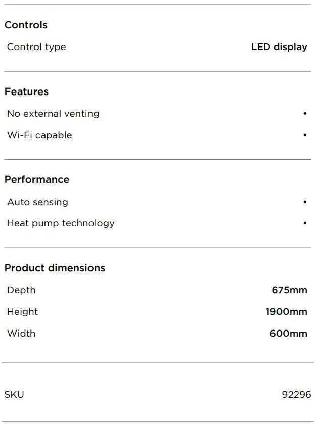 FISHER PAYKEL FC1260HG1 Fabric Care Cabinet User Guide - SPECIFICATIONS