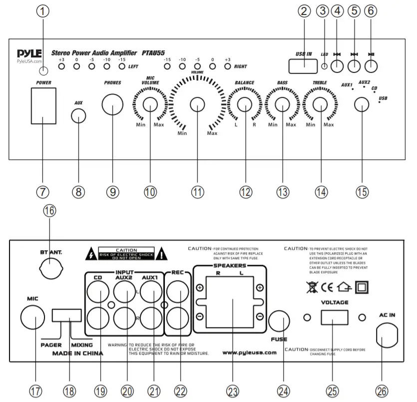 PYLE PTAU55 Compact Wireless BT Stereo Power-CONTROLS
