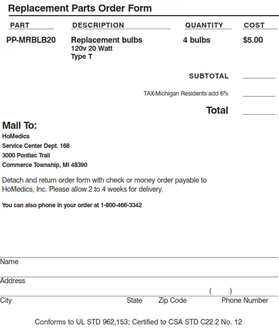 Homedics M-7090 Makeup Artist Studio Mirror Instruction - Order Form