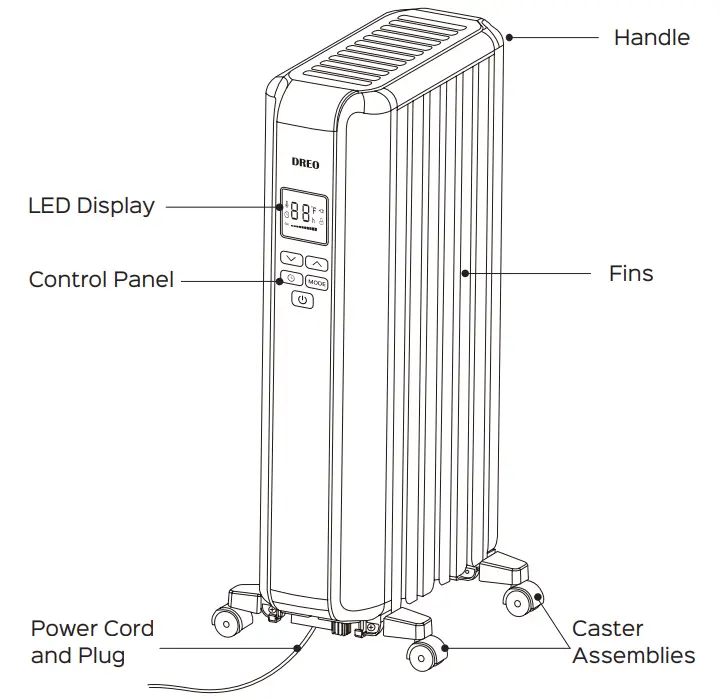 DREO DR-HSH005 1500W Electric Portable Space Oil Filled Heater - Product Diagram