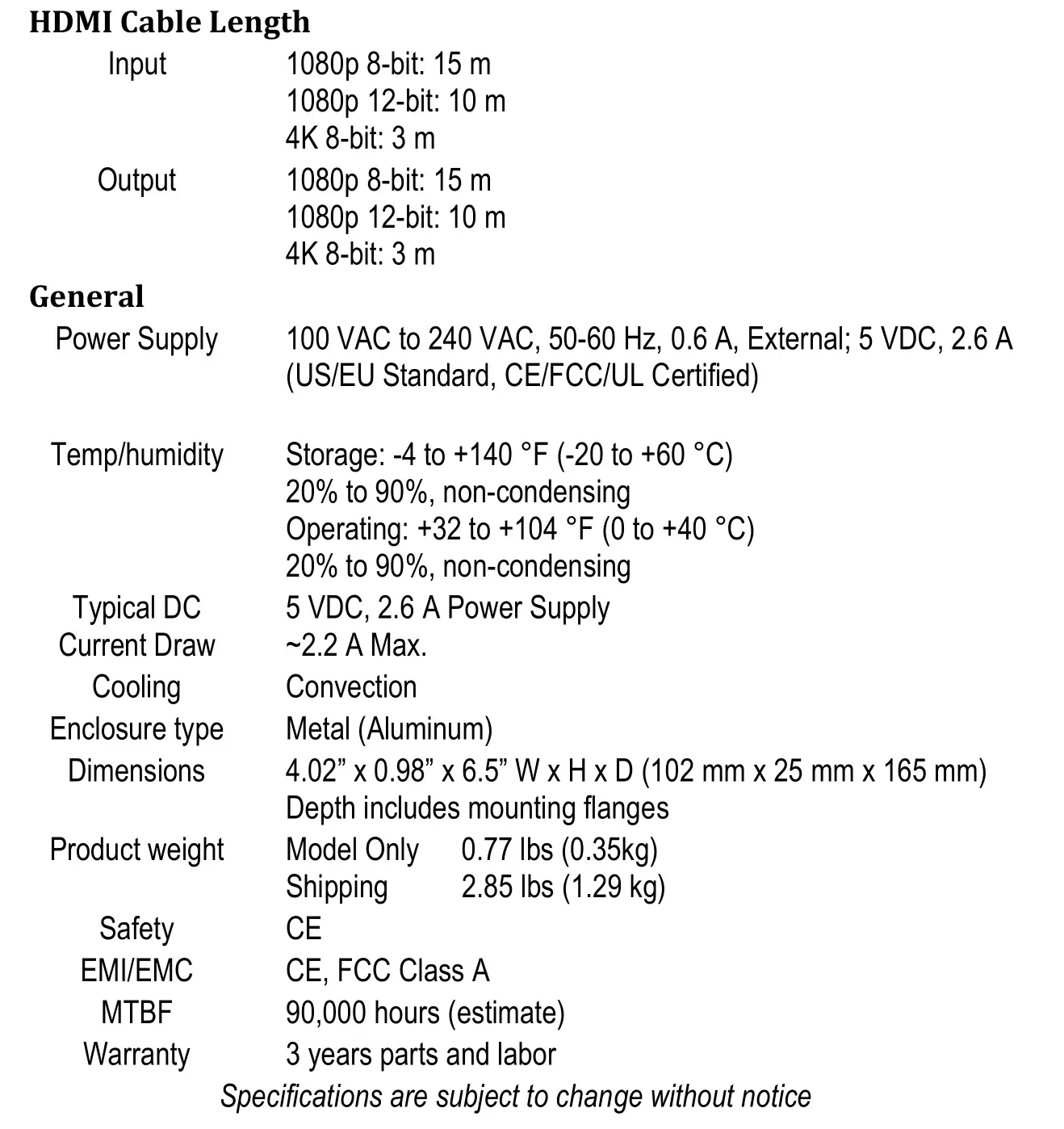 HALL RESEARCH SC-HD-2B 4K UHD HDMI 2.0 Scaler and Audio Embedder - Specifications 2