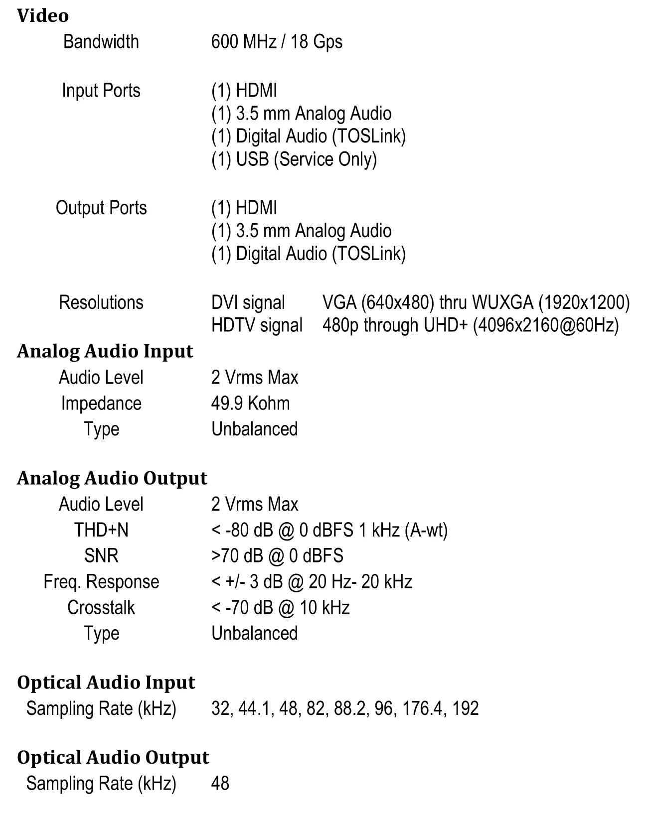 HALL RESEARCH SC-HD-2B 4K UHD HDMI 2.0 Scaler and Audio Embedder - Specifications