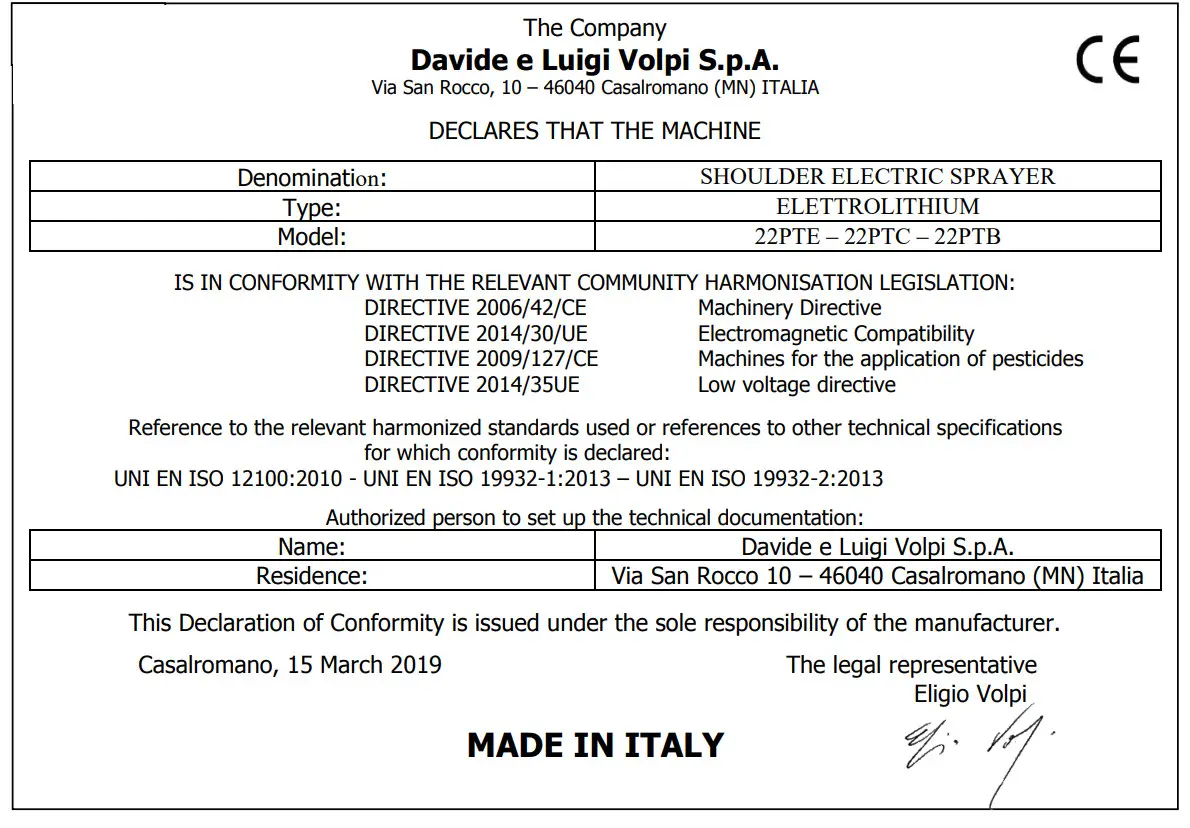 VOLPI 22PTE Shoulder Electric Sprayer - ce