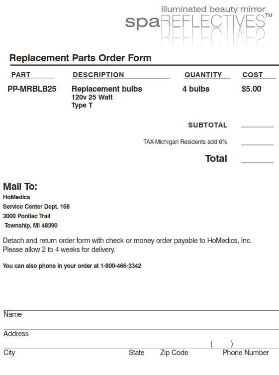 Homedics M-8000 illuminated beauty mirror spa REFLECTIVES Instruction - Order Form