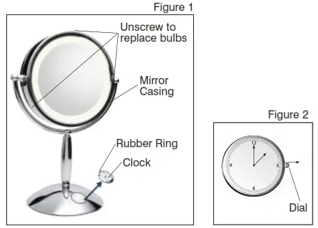Homedics M-8000 illuminated beauty mirror spa REFLECTIVES Instruction - Setting the Clock