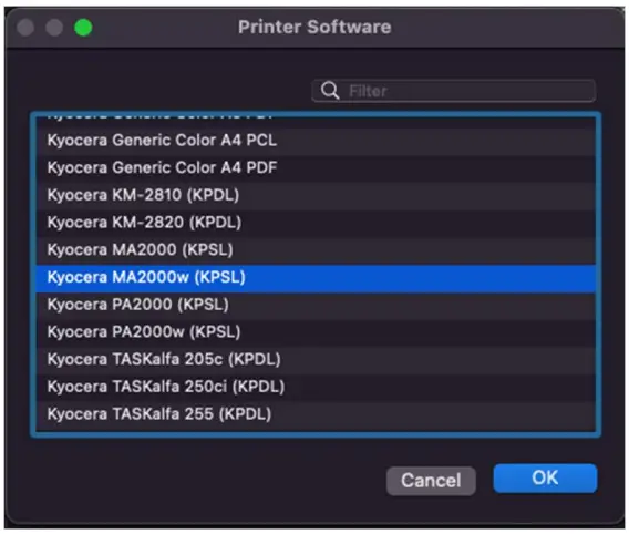 KYOCERA PA2000w MAC WPS Setup - Scroll to printer