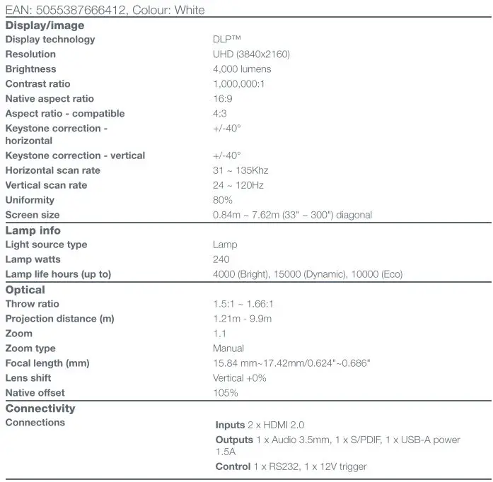 Optoma UHD38x 4K Projector Instructions - Specifications