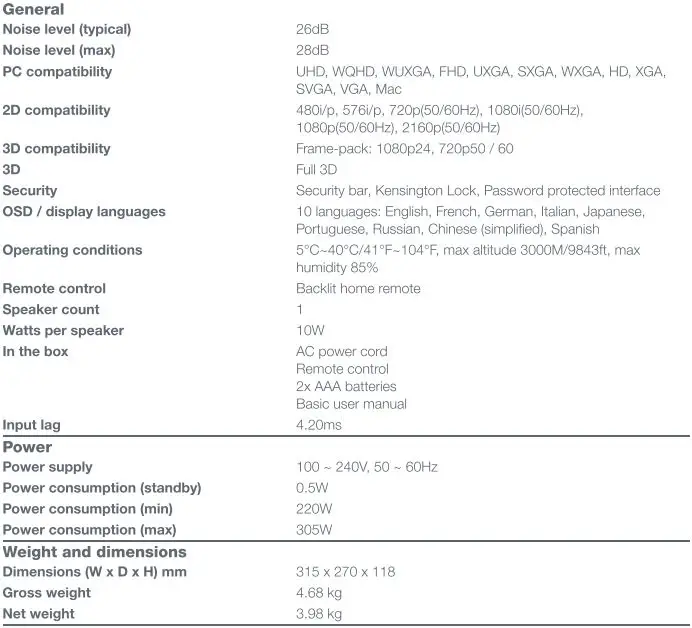 Optoma UHD38x 4K Projector Instructions - Specifications