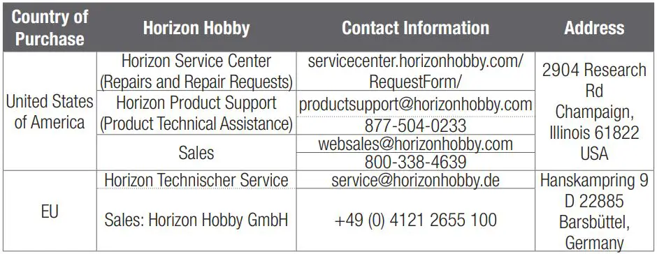 SPEKTRUM SPMSS6285 High Torque HV MG Race Instruction Manual - WARRANTY AND SERVICE CONTACT INFORMATION