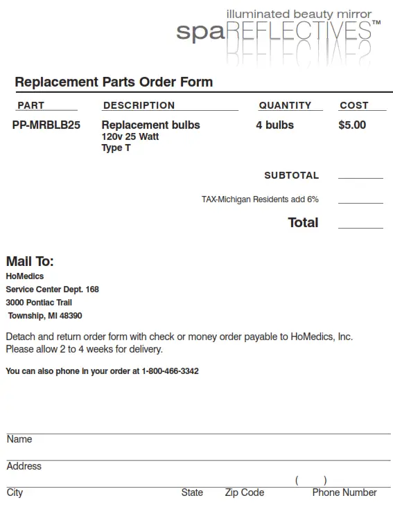 Homedics M-8006 illuminated beauty mirror spa REFLECTIVES Instruction - Order Form