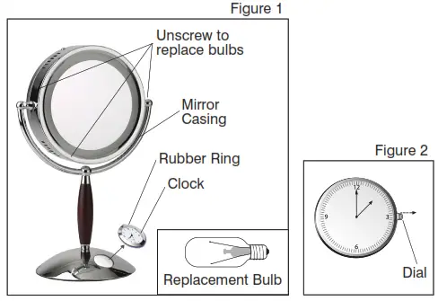 Homedics M-8006 illuminated beauty mirror spa REFLECTIVES Instruction - Setting the Clock
