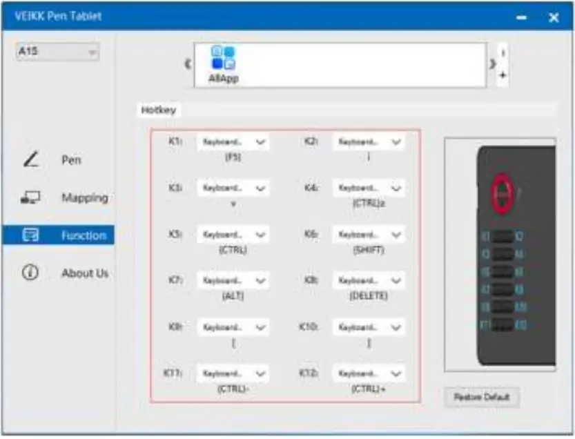 VEILKK A15 Graphic Pen Tablet User Manual - Hotkey