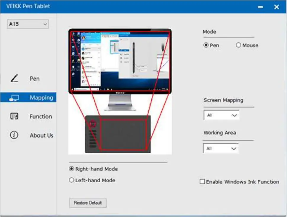 VEILKK A15 Graphic Pen Tablet User Manual - Mapping