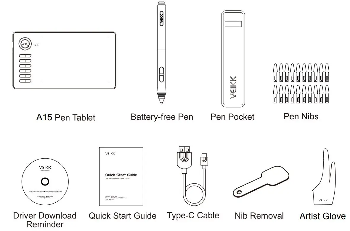 VEILKK A15 Graphic Pen Tablet User Manual - Packing List