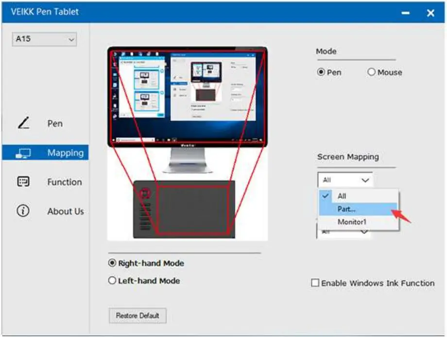 VEILKK A15 Graphic Pen Tablet User Manual - Part Area