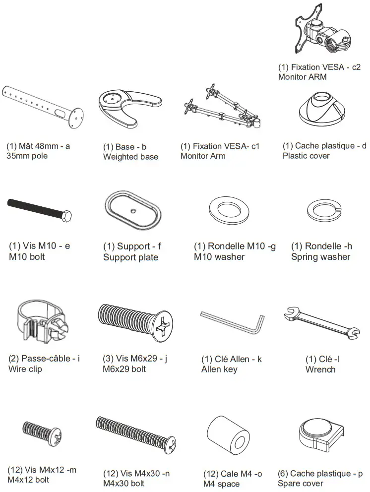 Kimex 015 1254 Desktop Stand for 3 PC Monitor Screens - Supplied parts list