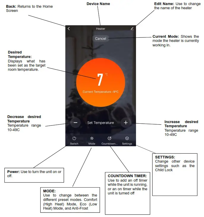 ElectriQ 2.0 KW Designer Glass Panel Heater EGH20AW - DEVICE SCREEN