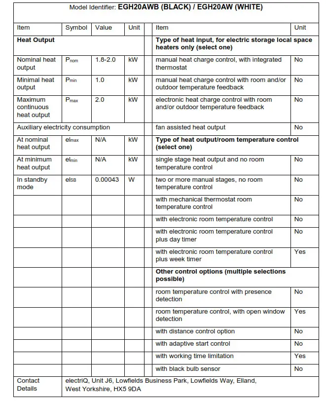 ElectriQ 2.0 KW Designer Glass Panel Heater EGH20AW - PRODUCT FICHE