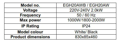 ElectriQ 2.0 KW Designer Glass Panel Heater EGH20AW - TECHNICAL DATA