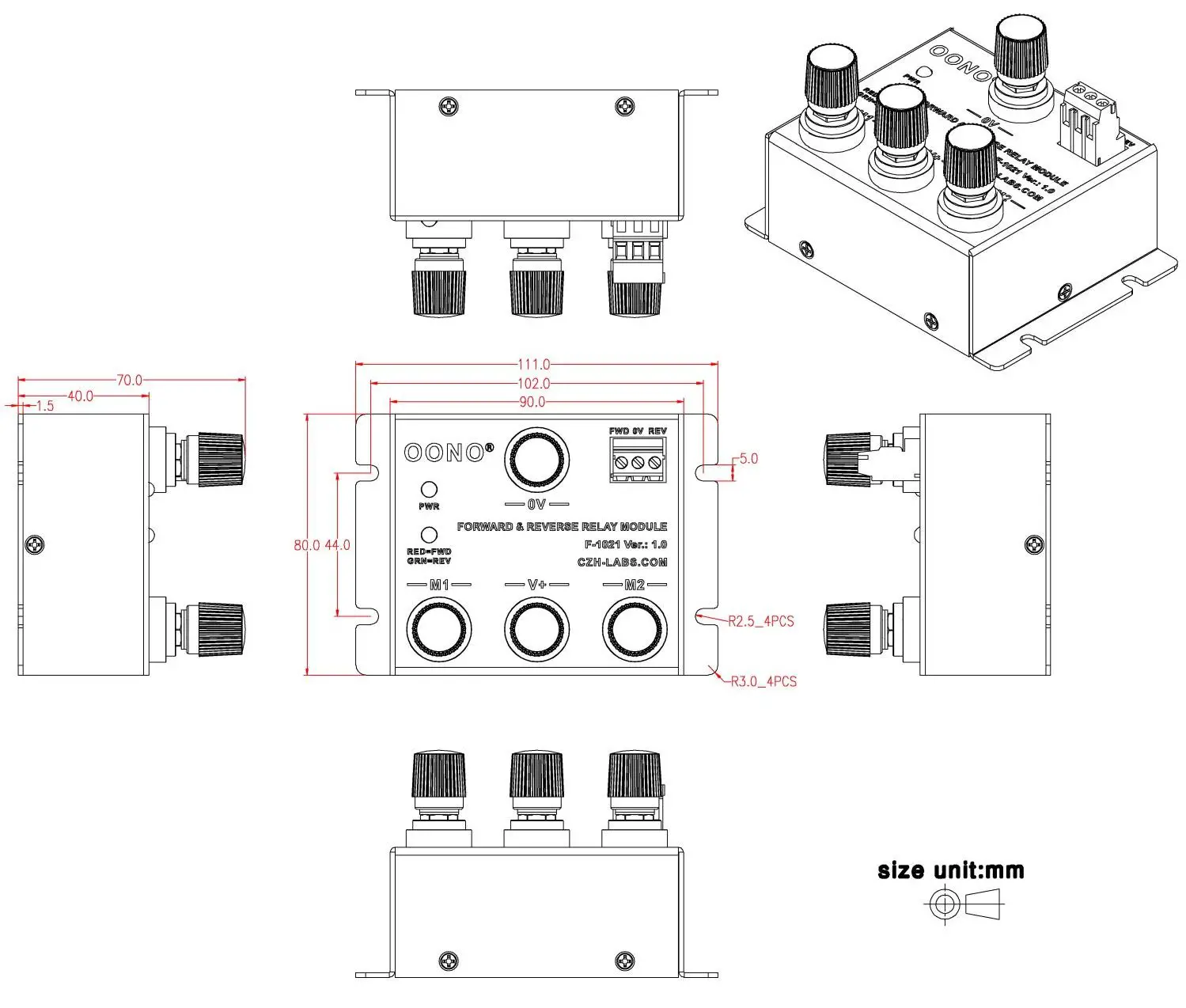 OONO 50 Amp Forward & Reverse Relay Module - Dimensions