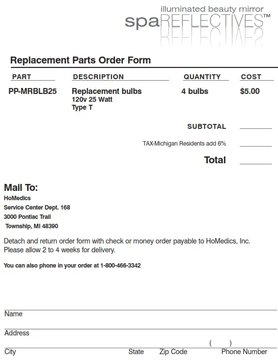 Homedics M-8051 illuminated beauty mirror spa REFLECTIVES Instruction - Order Form