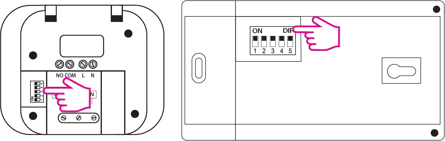 Use DIP switches (numbered 1-5) to change the communication code