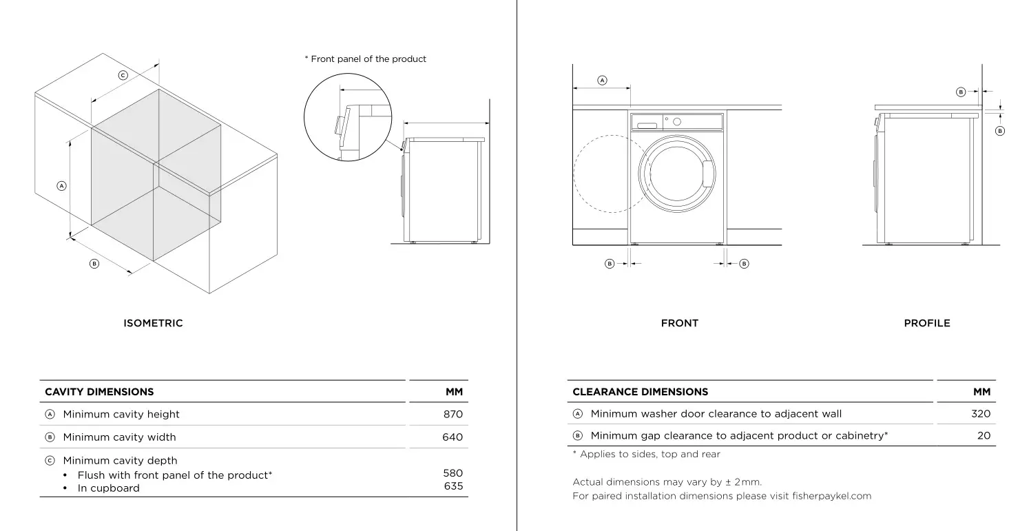 FISHER PAYKEL WH8060J Front Loader Washing Machine - CAVITY & CLEARANCE DIMENSIONS 2