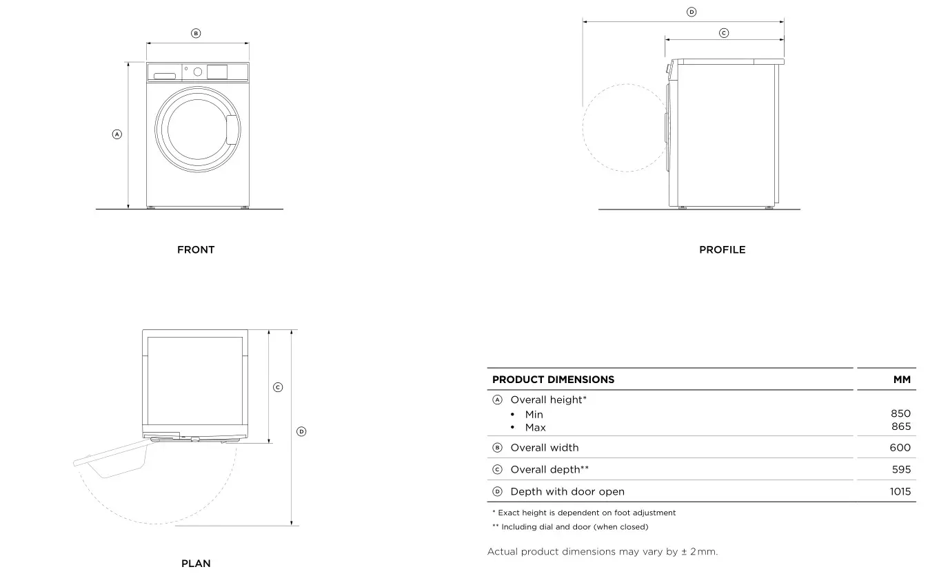 FISHER PAYKEL WH8060J Front Loader Washing Machine - PRODUCT DIMENSIONS 2