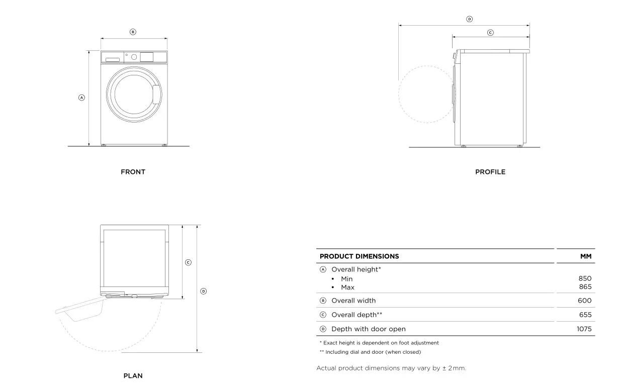 FISHER PAYKEL WH8060J Front Loader Washing Machine - PRODUCT DIMENSIONS