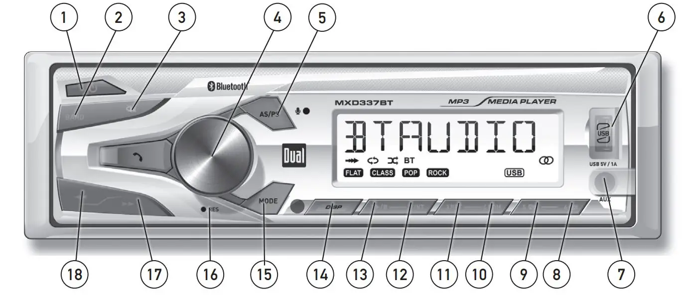 Dual AM FM Marine Receiver with Bluetooth and Fixed Face Installation Guide - Control Locations